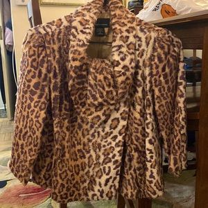Faux leopard lightweight jacket with cowl collar.